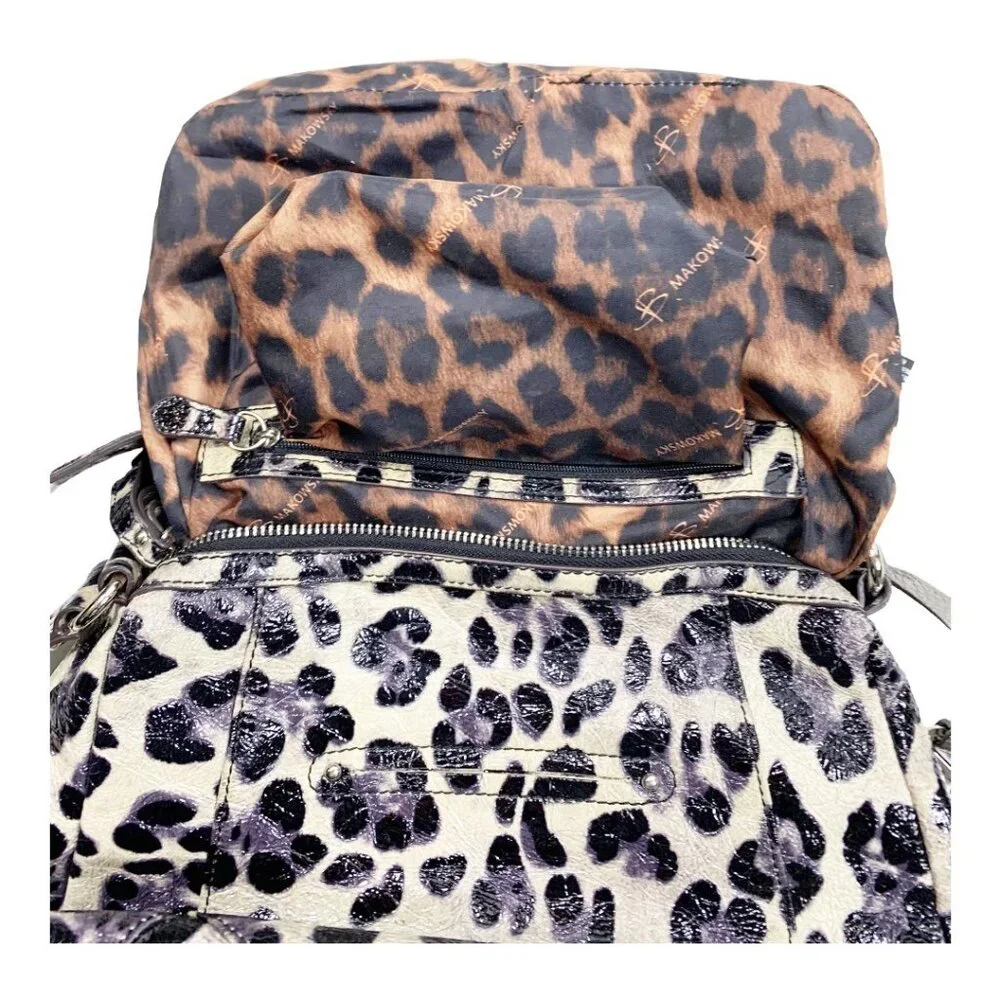 B. Makowsky Shiny Leopard Print Genuine Leather Satchel Handbag Purse - Picture 13 of 16